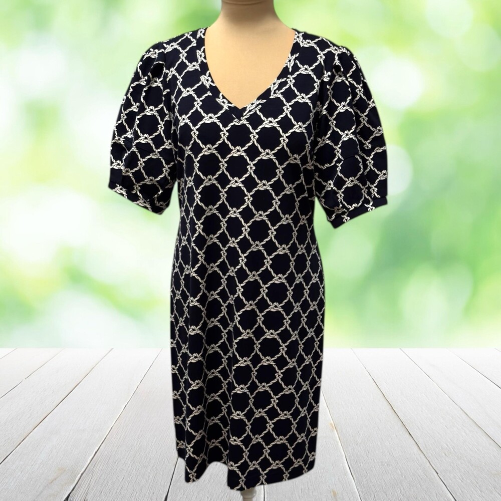 CABI Nautical Rope Print Knit Dress Puff Sleeve Knee Length Navy White Size M